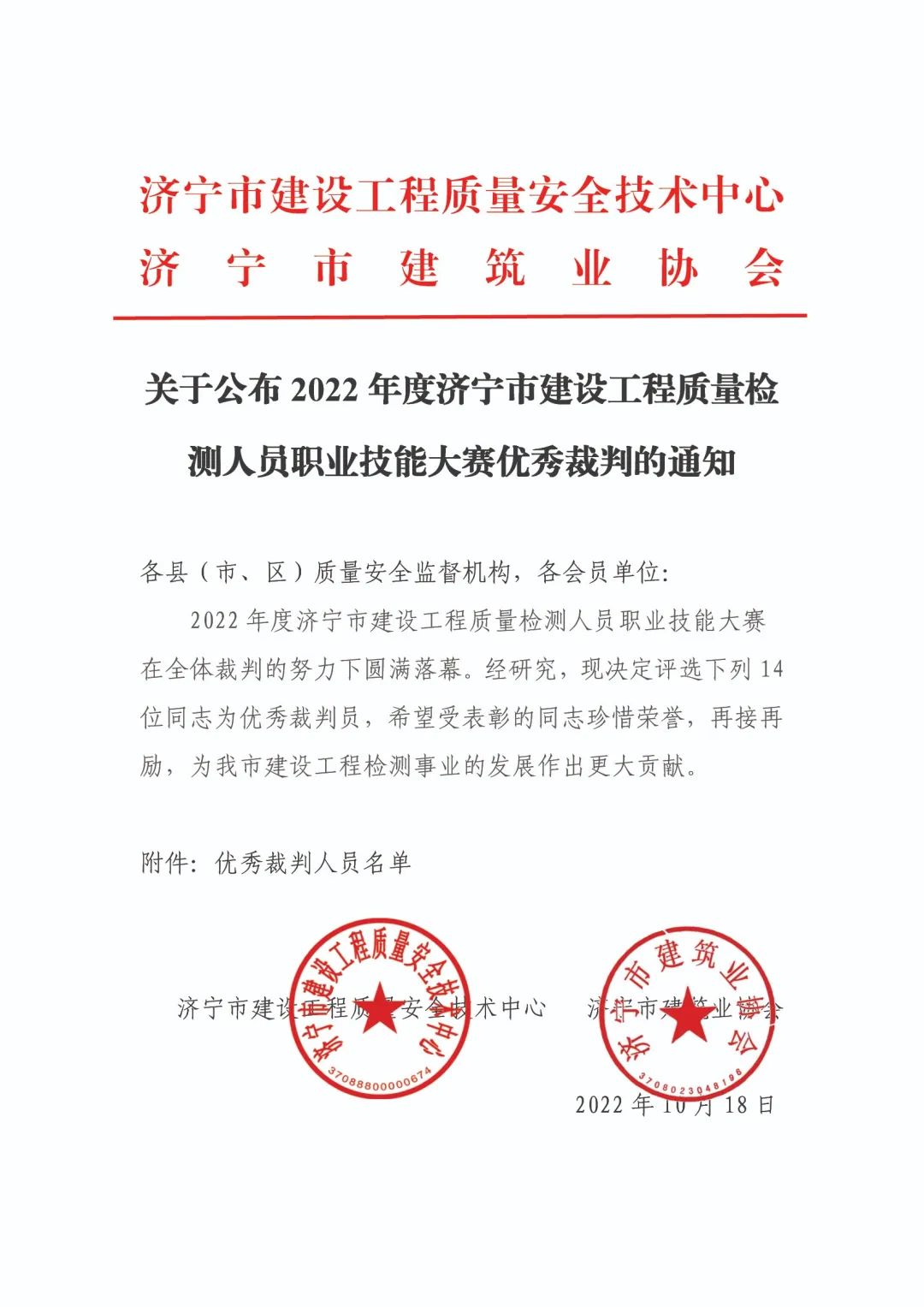 關于公布2022年度濟寧市建設工程質(zhì)量檢測人員職業(yè)技能大賽優(yōu)秀裁判的通知.jpg